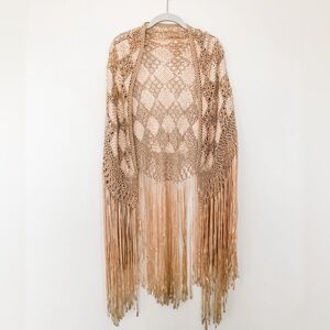 1920s Vintage Nude Crochet Shawl Fringe Bridal Bride Wedding Romance Hippie Boho